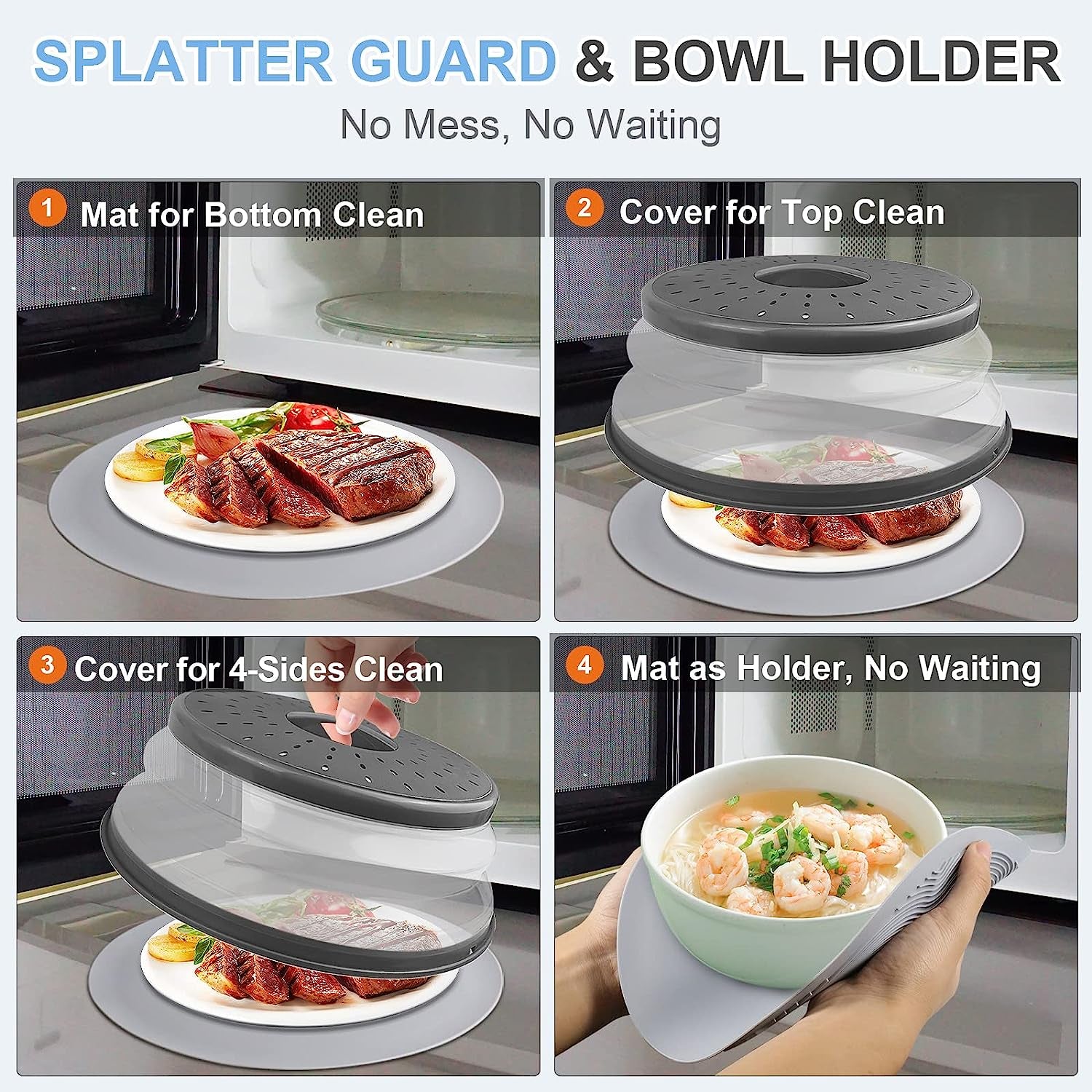 10-Inch Microwave Food Cover and Collapsible Silicone Mat - Versatile Splatter Guard, Plate Holder, and Kitchen Colander for Meal Preparation, Charcoal
