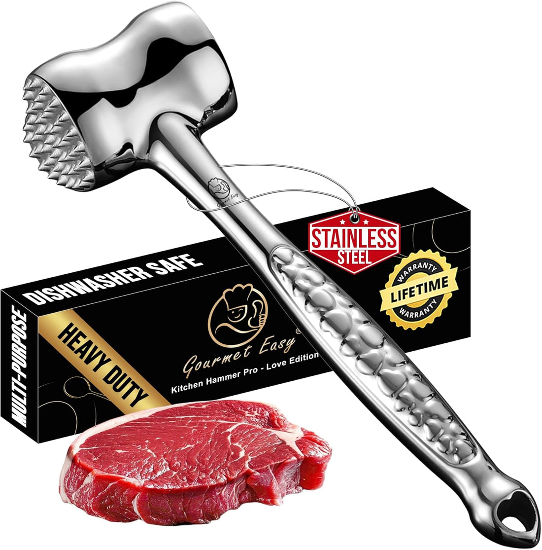 Premium Stainless Steel Meat Tenderizer Tool with Non-Slip Grip, Dual-Sided Heart Design for Steak, Poultry, and Chicken Cutlet, Dishwasher Safe, Lifetime Replacement Guarantee