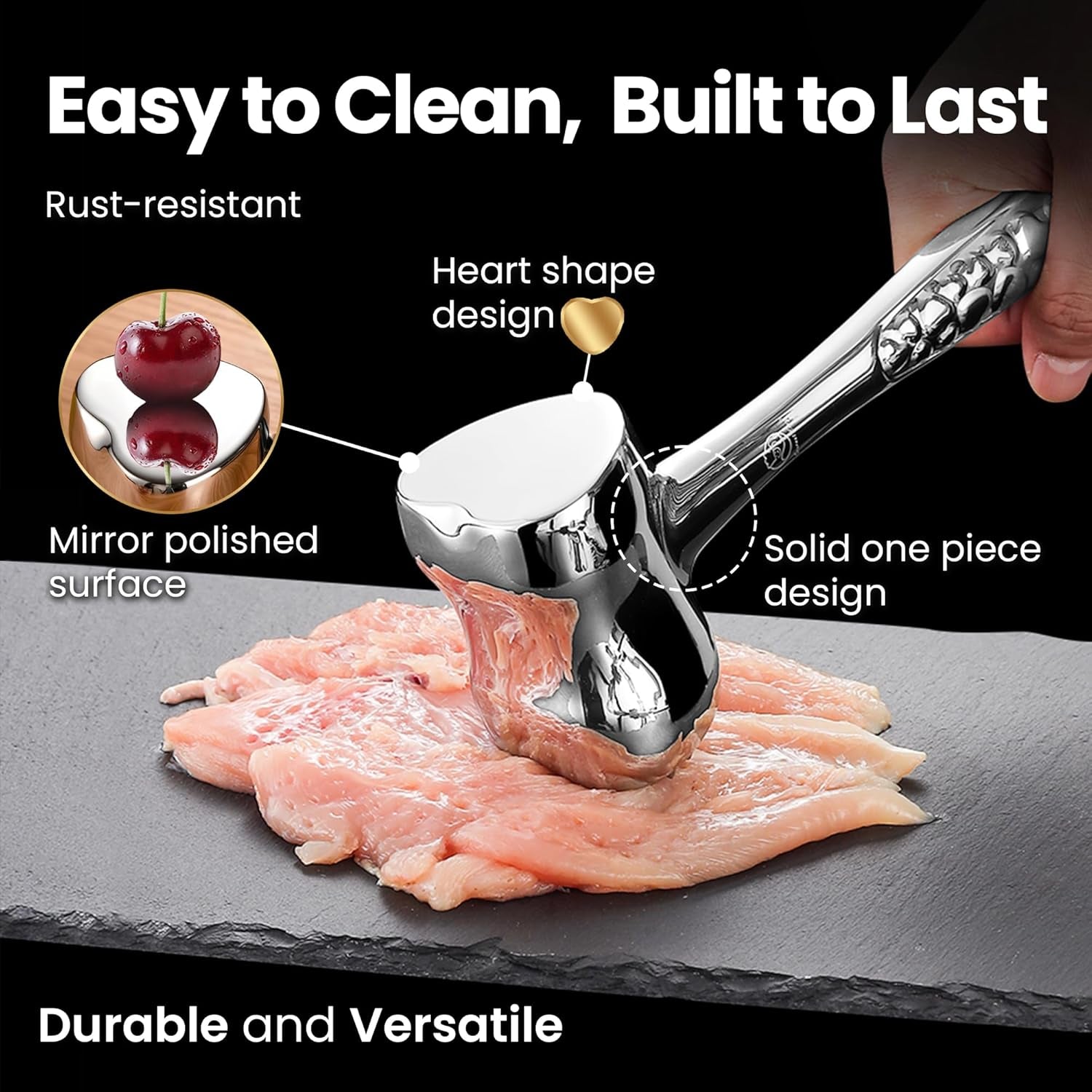 Premium Stainless Steel Meat Tenderizer Tool with Non-Slip Grip, Dual-Sided Heart Design for Steak, Poultry, and Chicken Cutlet, Dishwasher Safe, Lifetime Replacement Guarantee