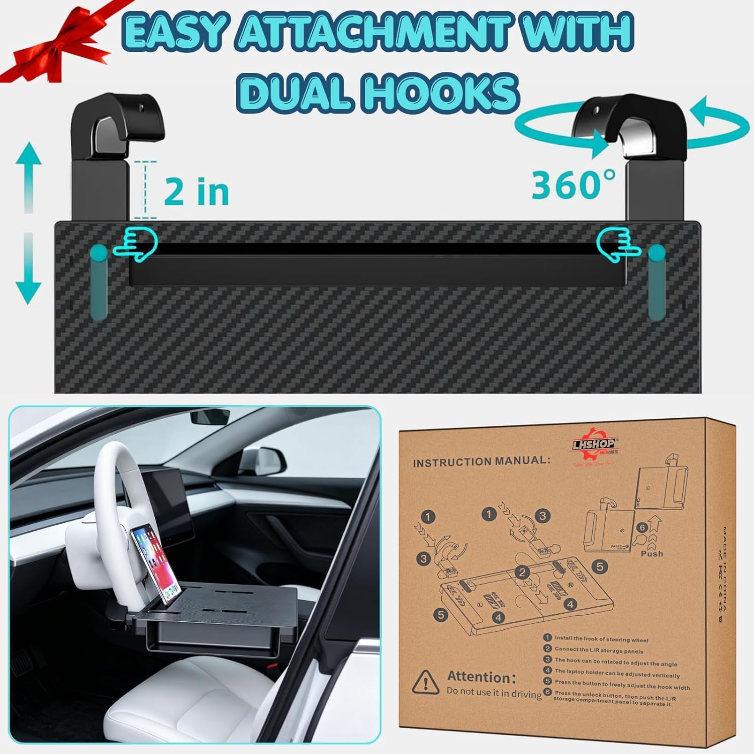 Carbon Fiber 2-In-1 Steering Wheel Tray Table & Car Seat Gap Filler Organizer | Foldable Adjustable Desk for Laptop, Eating & Work | Universal Car Office Accessories for Drivers, Women & Men