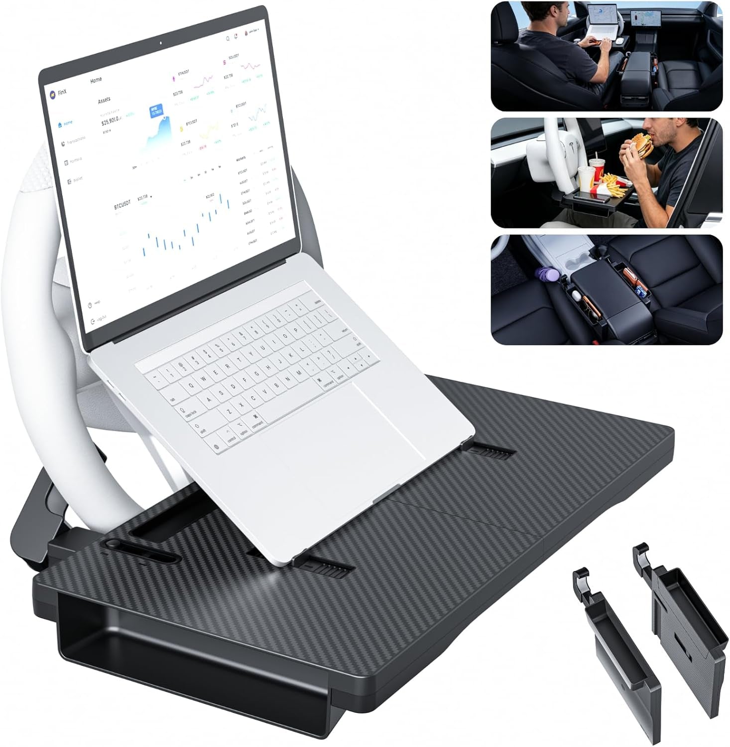 Carbon Fiber 2-In-1 Steering Wheel Tray Table & Car Seat Gap Filler Organizer | Foldable Adjustable Desk for Laptop, Eating & Work | Universal Car Office Accessories for Drivers, Women & Men