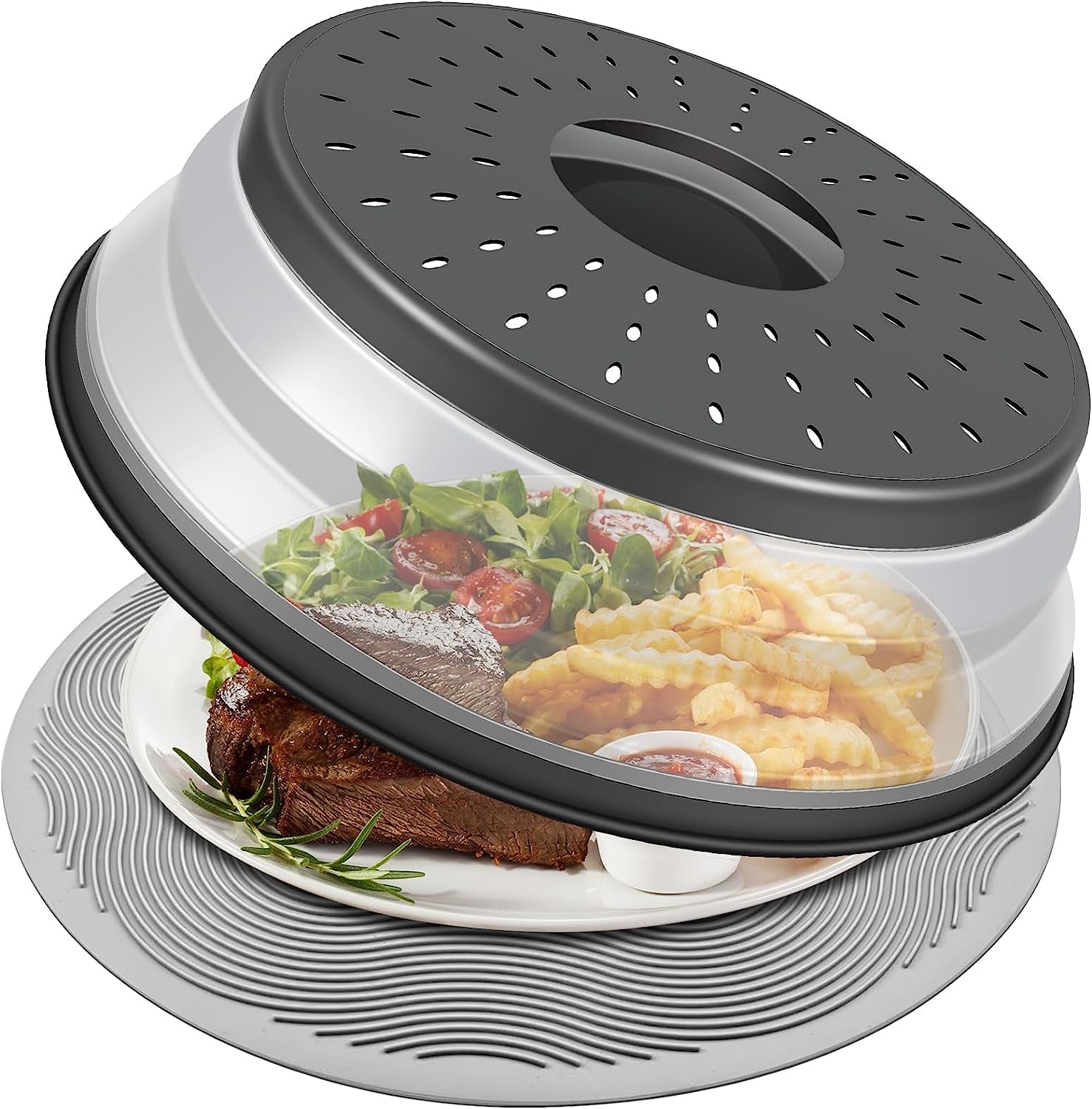 10-Inch Microwave Food Cover and Collapsible Silicone Mat - Versatile Splatter Guard, Plate Holder, and Kitchen Colander for Meal Preparation, Charcoal