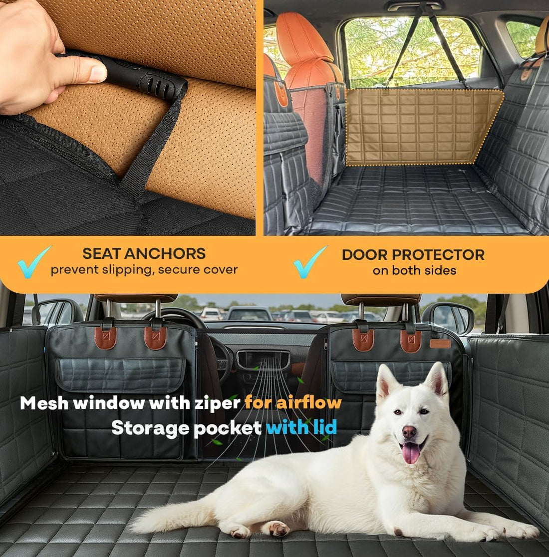 Backseat Extender for Dogs - Durable Dog Seat Cover with Hard Bottom for Car and Truck Travel, Convertible Hammock Mat for Rear Seat Bedding, Black Leather with Door Covers