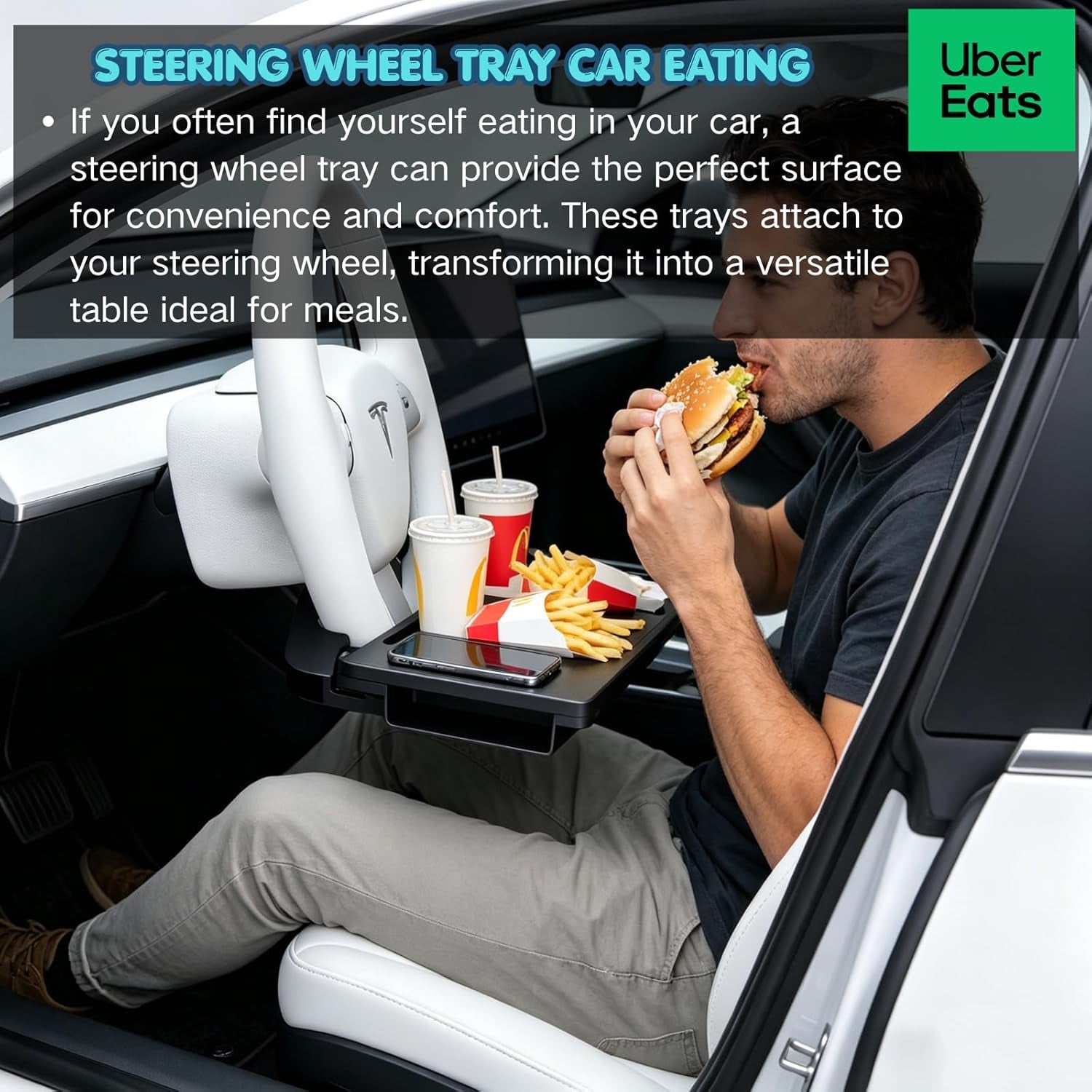 Carbon Fiber 2-In-1 Steering Wheel Tray Table & Car Seat Gap Filler Organizer | Foldable Adjustable Desk for Laptop, Eating & Work | Universal Car Office Accessories for Drivers, Women & Men
