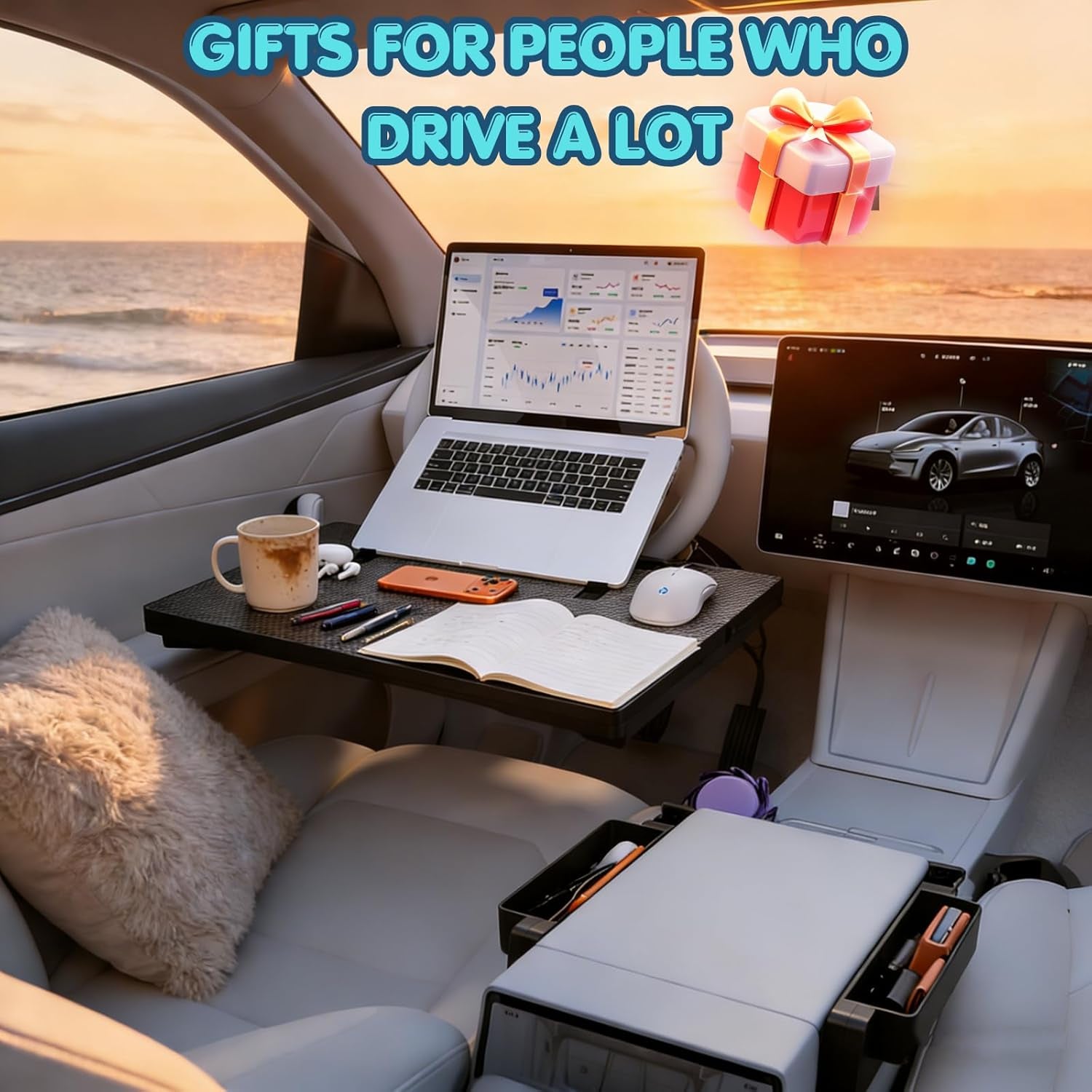 Carbon Fiber 2-In-1 Steering Wheel Tray Table & Car Seat Gap Filler Organizer | Foldable Adjustable Desk for Laptop, Eating & Work | Universal Car Office Accessories for Drivers, Women & Men