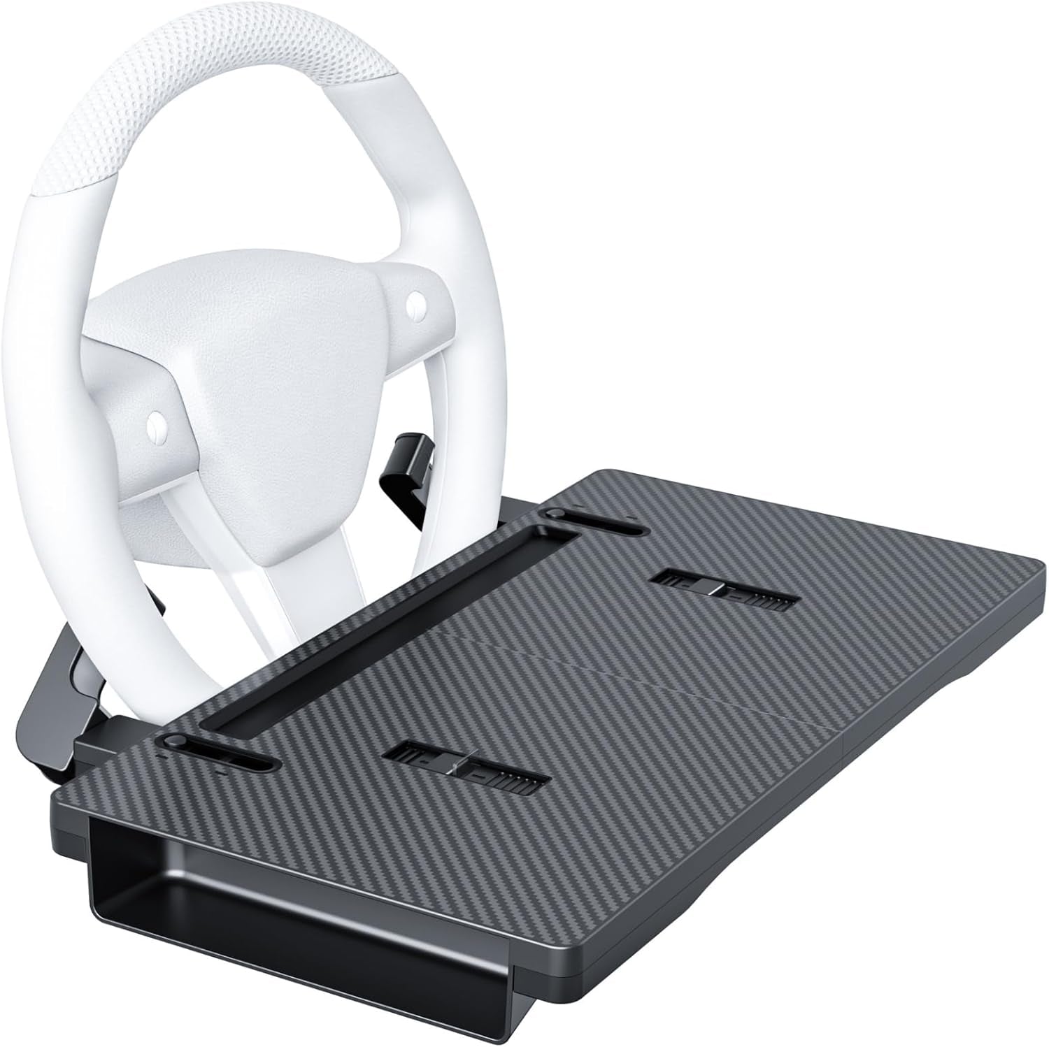 Carbon Fiber 2-In-1 Steering Wheel Tray Table & Car Seat Gap Filler Organizer | Foldable Adjustable Desk for Laptop, Eating & Work | Universal Car Office Accessories for Drivers, Women & Men