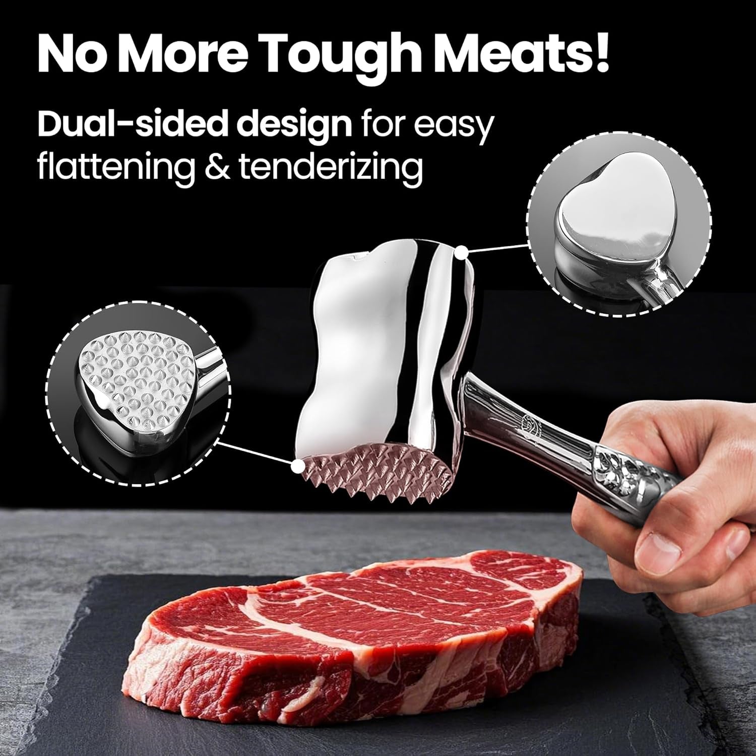 Premium Stainless Steel Meat Tenderizer Tool with Non-Slip Grip, Dual-Sided Heart Design for Steak, Poultry, and Chicken Cutlet, Dishwasher Safe, Lifetime Replacement Guarantee