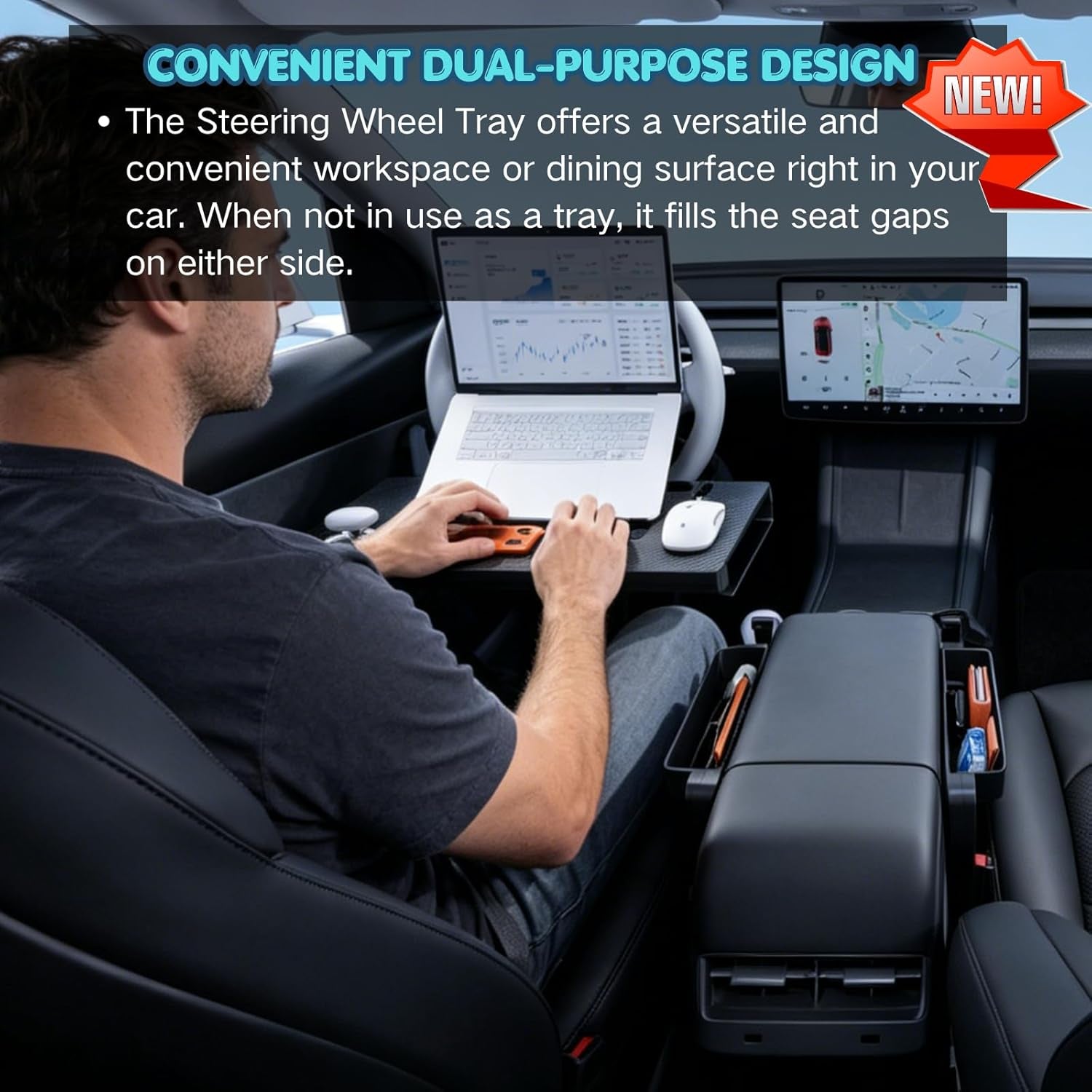 Carbon Fiber 2-In-1 Steering Wheel Tray Table & Car Seat Gap Filler Organizer | Foldable Adjustable Desk for Laptop, Eating & Work | Universal Car Office Accessories for Drivers, Women & Men