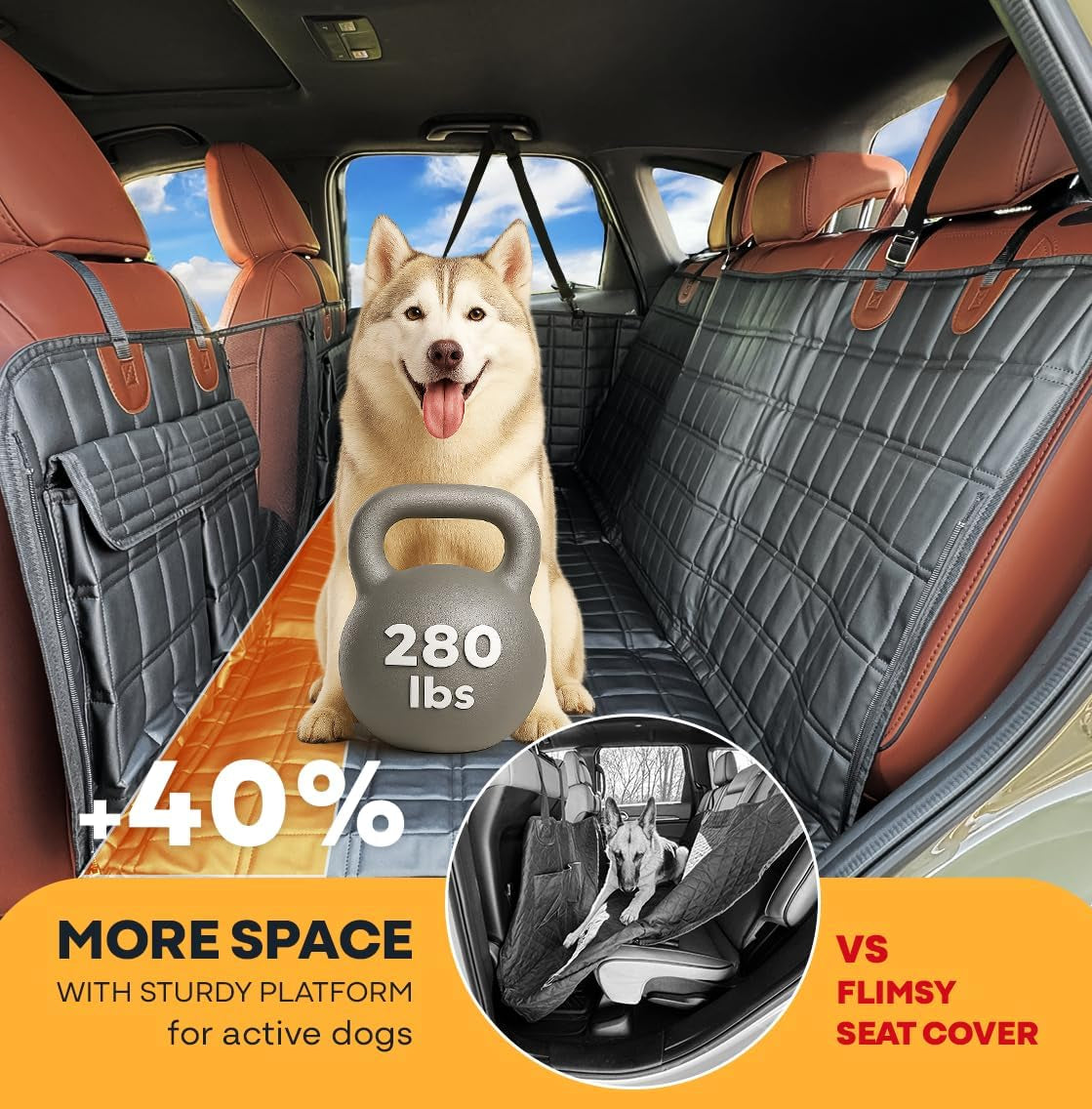 Backseat Extender for Dogs - Durable Dog Seat Cover with Hard Bottom for Car and Truck Travel, Convertible Hammock Mat for Rear Seat Bedding, Black Leather with Door Covers