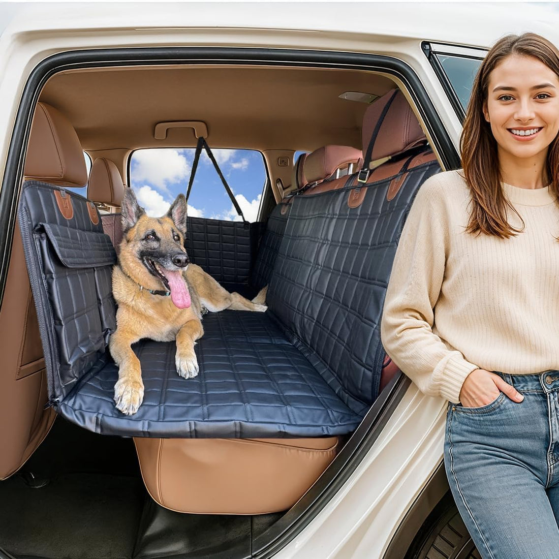 Backseat Extender for Dogs - Durable Dog Seat Cover with Hard Bottom for Car and Truck Travel, Convertible Hammock Mat for Rear Seat Bedding, Black Leather with Door Covers