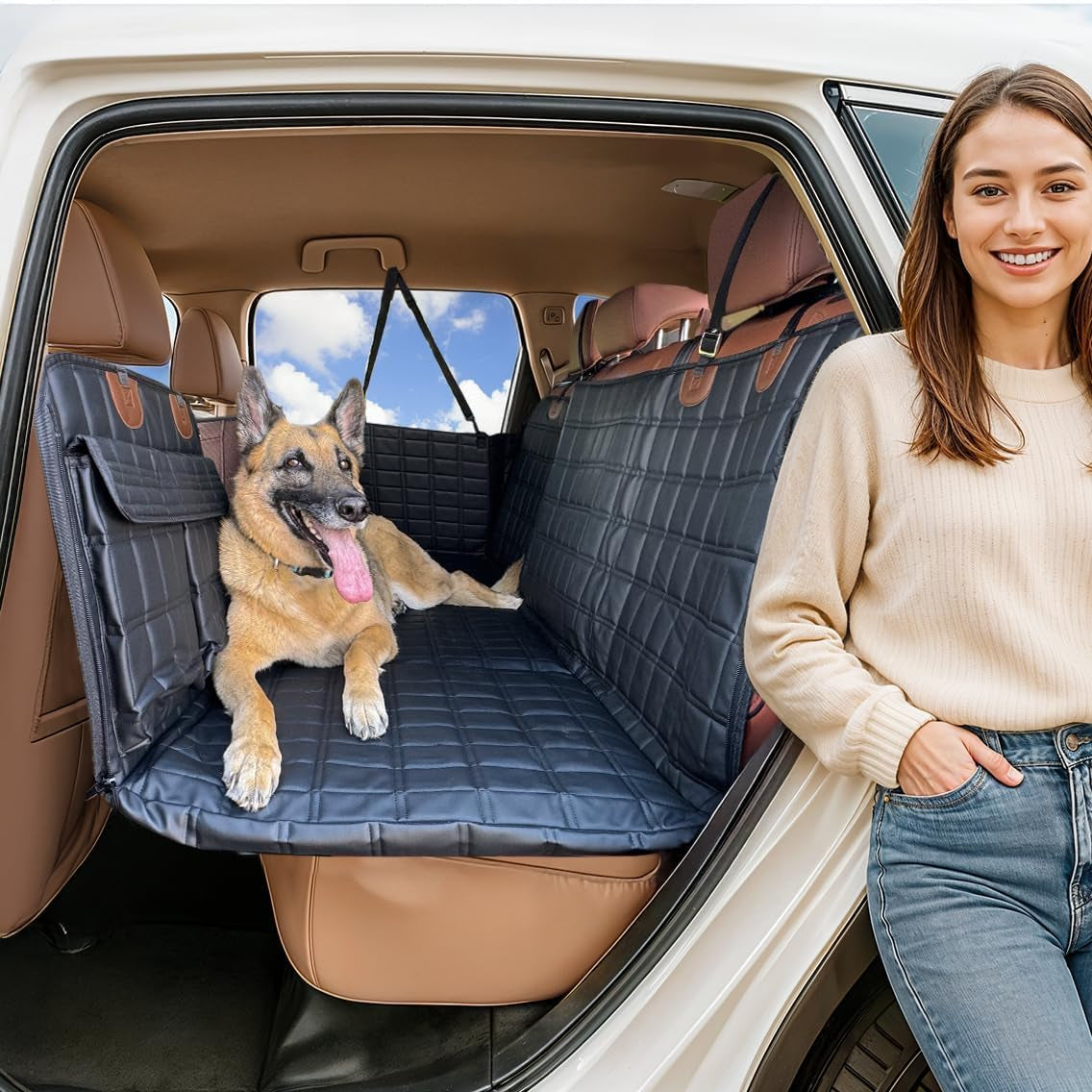 Backseat Extender for Dogs - Durable Dog Seat Cover with Hard Bottom for Car and Truck Travel, Convertible Hammock Mat for Rear Seat Bedding, Black Leather with Door Covers