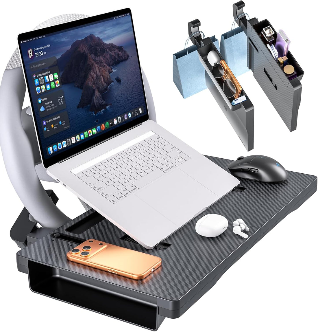 Carbon Fiber 2-In-1 Steering Wheel Tray Table & Car Seat Gap Filler Organizer | Foldable Adjustable Desk for Laptop, Eating & Work | Universal Car Office Accessories for Drivers, Women & Men