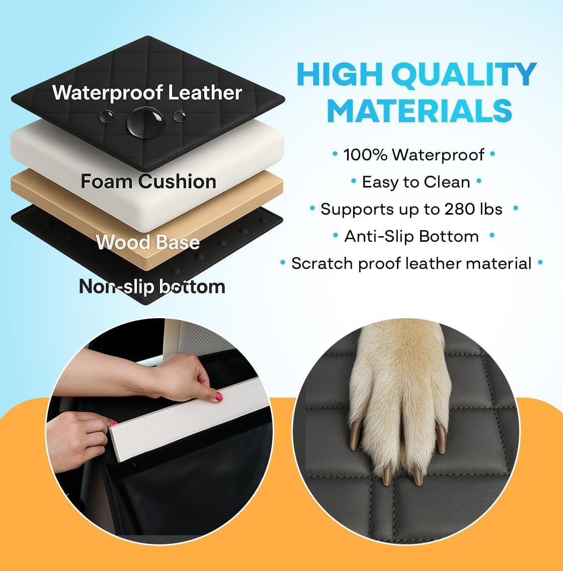 Backseat Extender for Dogs - Durable Dog Seat Cover with Hard Bottom for Car and Truck Travel, Convertible Hammock Mat for Rear Seat Bedding, Black Leather with Door Covers