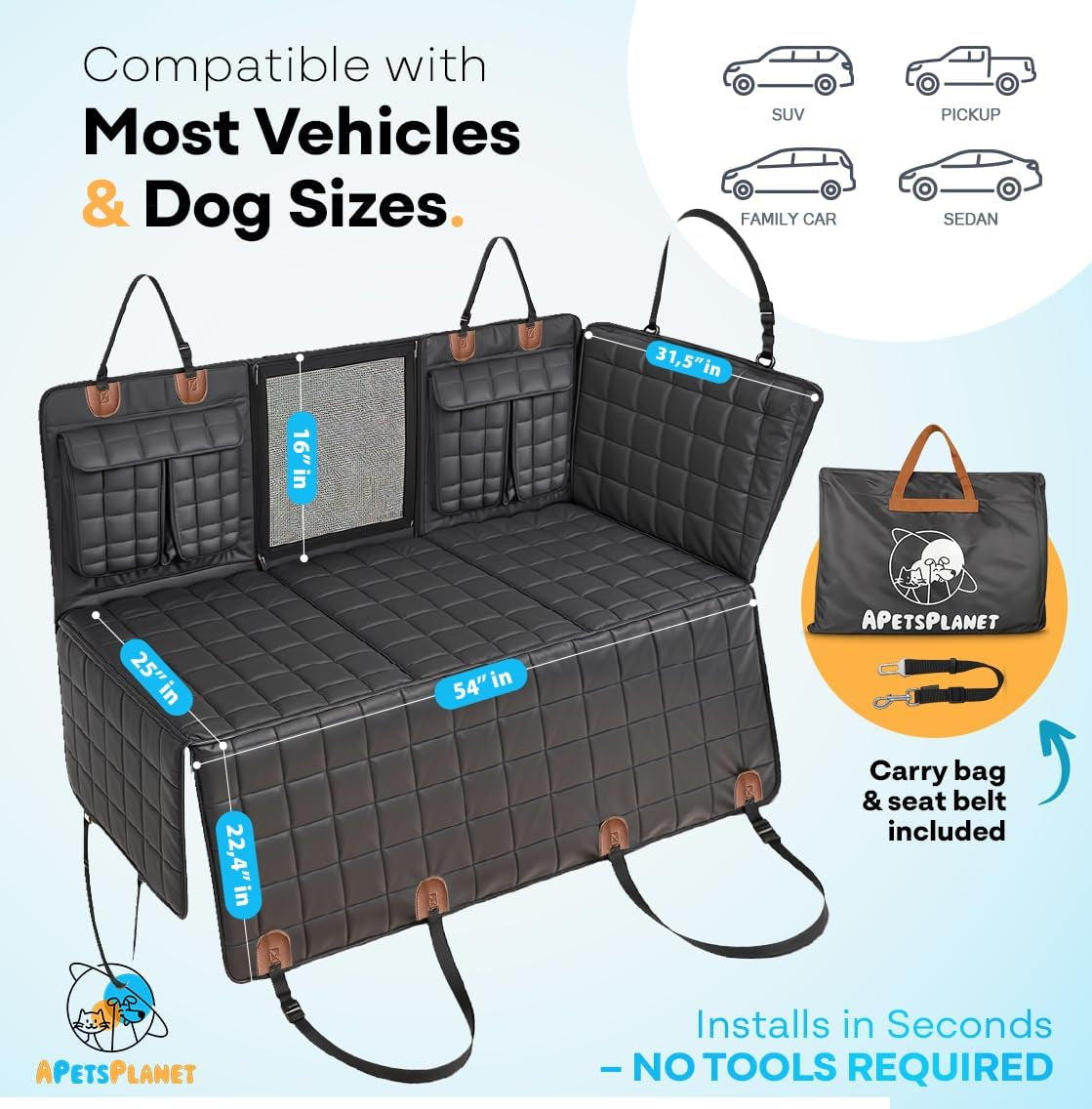 Backseat Extender for Dogs - Durable Dog Seat Cover with Hard Bottom for Car and Truck Travel, Convertible Hammock Mat for Rear Seat Bedding, Black Leather with Door Covers