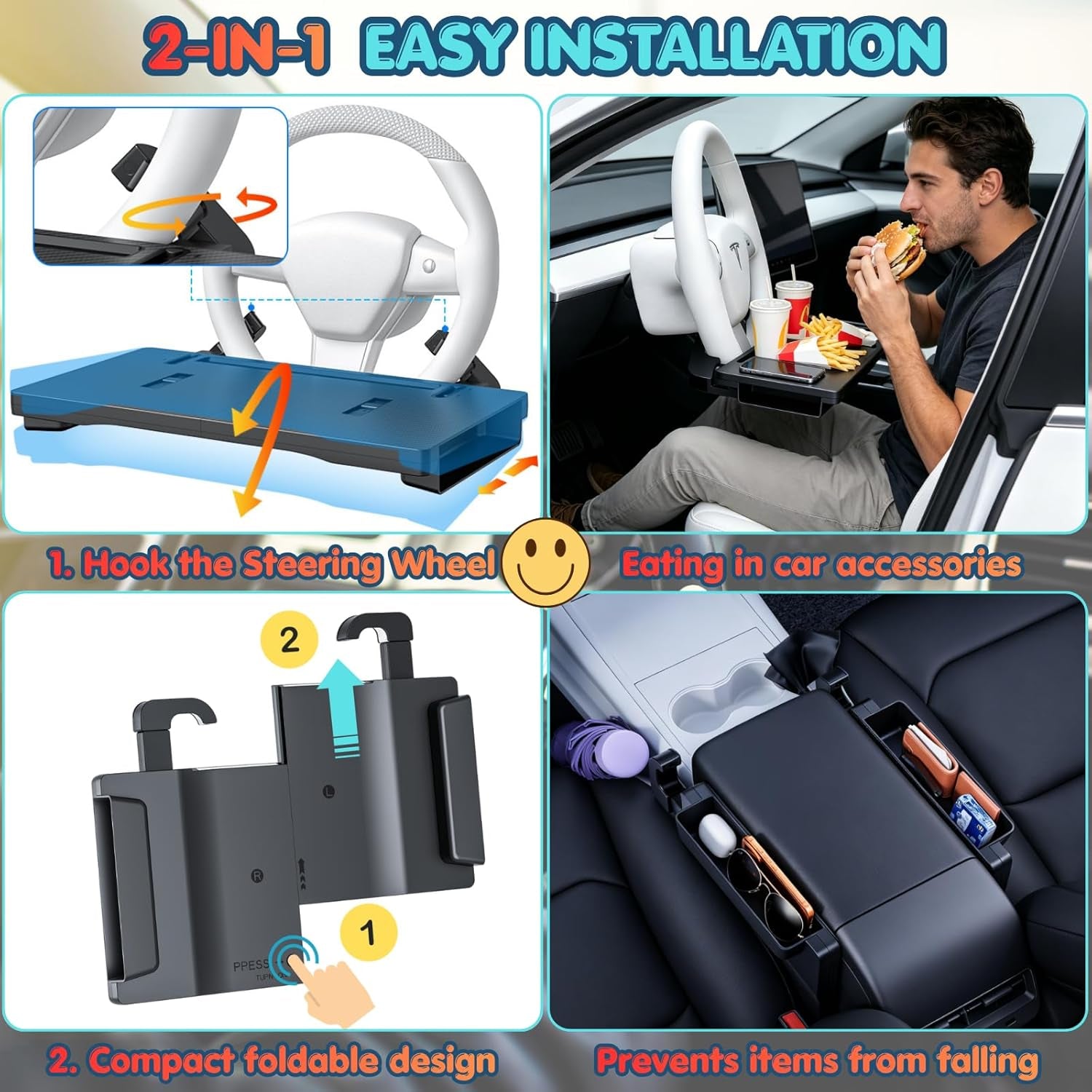Carbon Fiber 2-In-1 Steering Wheel Tray Table & Car Seat Gap Filler Organizer | Foldable Adjustable Desk for Laptop, Eating & Work | Universal Car Office Accessories for Drivers, Women & Men