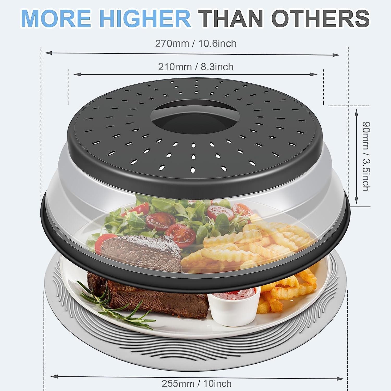 10-Inch Microwave Food Cover and Collapsible Silicone Mat - Versatile Splatter Guard, Plate Holder, and Kitchen Colander for Meal Preparation, Charcoal