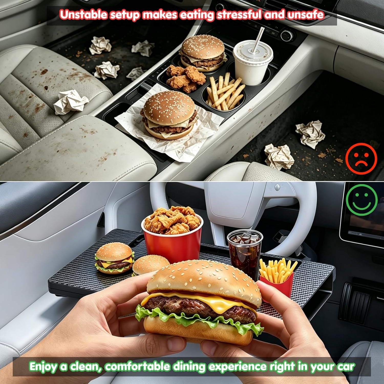 Carbon Fiber 2-In-1 Steering Wheel Tray Table & Car Seat Gap Filler Organizer | Foldable Adjustable Desk for Laptop, Eating & Work | Universal Car Office Accessories for Drivers, Women & Men